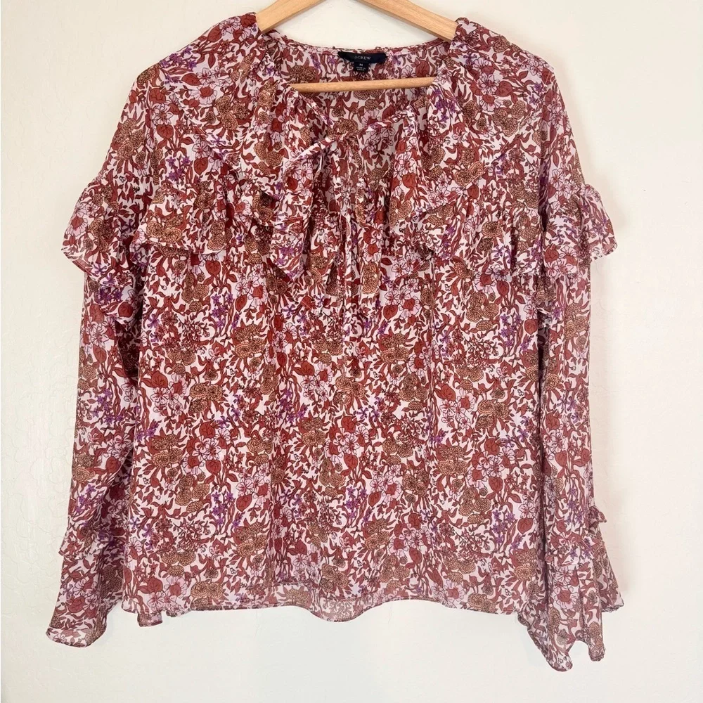 J. Crew Ruffle Crinkle Chiffon Top in Fête Floral Medium